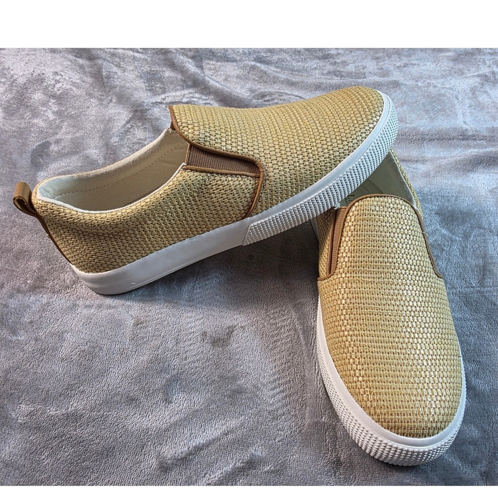 Lauren Ralph Lauren Haddley Slip On Sneakers Womens 6.5 Tan Woven Straw Leather